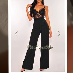 Black bustier lace belted palazzo jumpsuit size Small